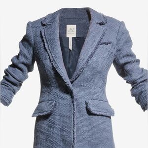 Cinq a Sept Blue Blazer with Signature Frayed Edge and Ruched Sleeves.  So fun!
